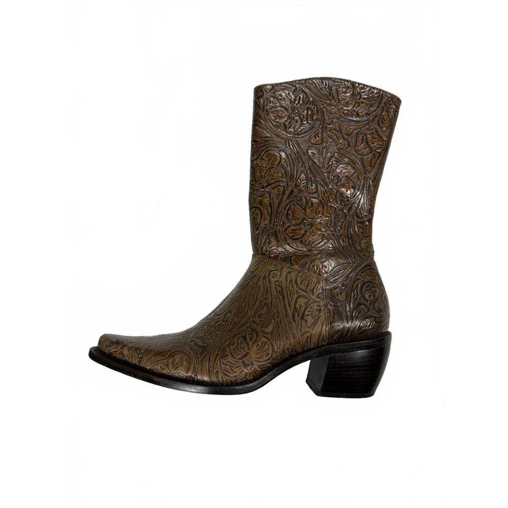 Gianni Bini Brown Tooled Leather Mid-Calf Heeled Boot